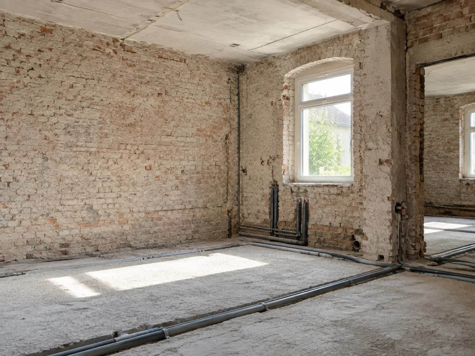 Entkernter Raum mit freiliegendem Mauerwerk und neuen Installationen