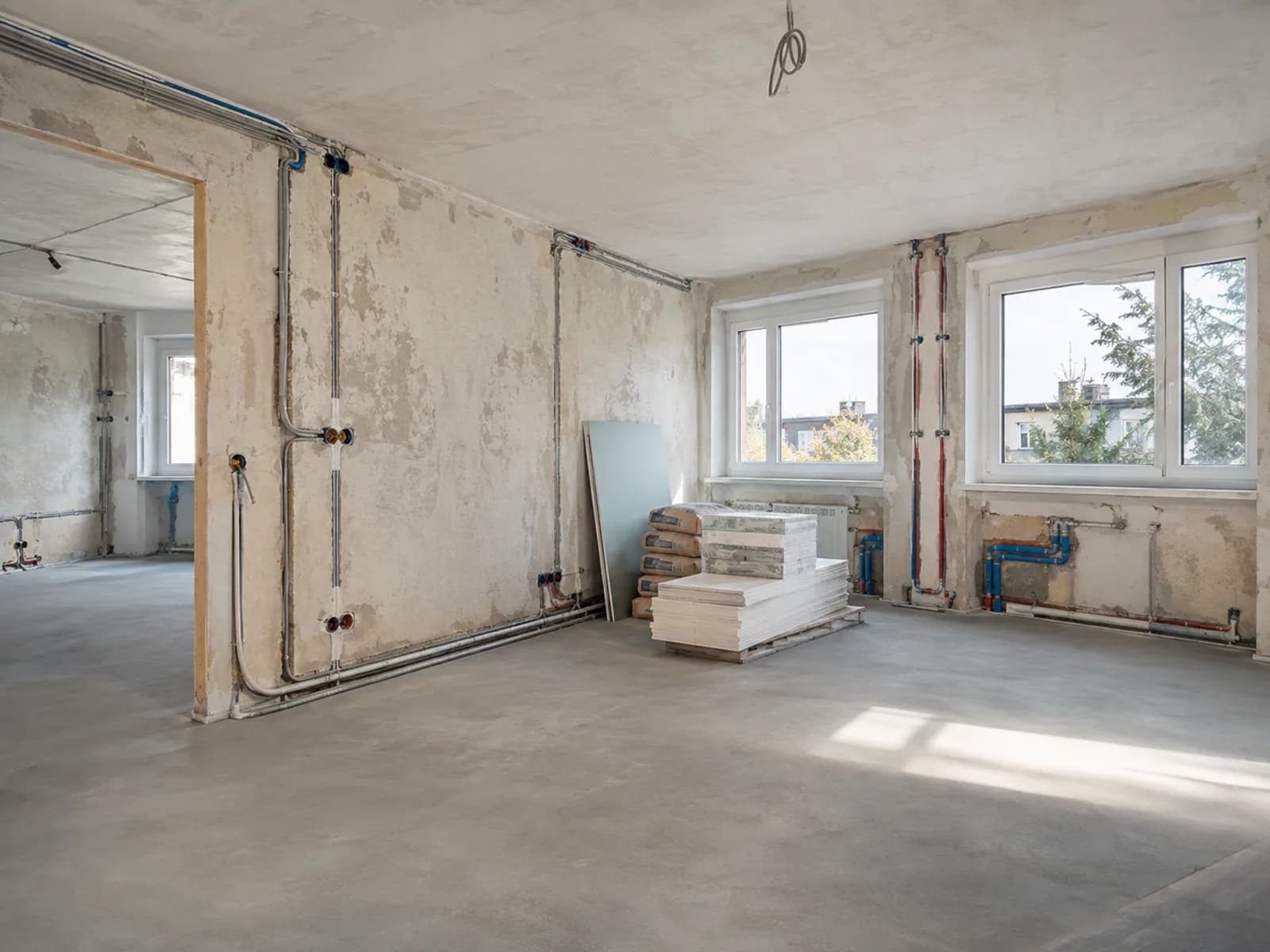 Wohnung im Rohzustand mit neuen Leitungen und vorbereiteten Wänden