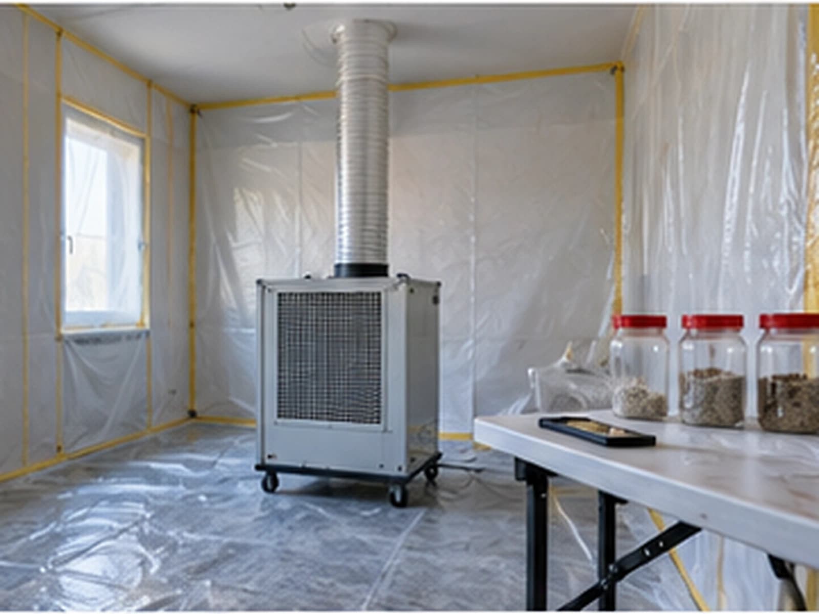 Abgedichteter Raum mit Luftreiniger und Materialprobenbehältern