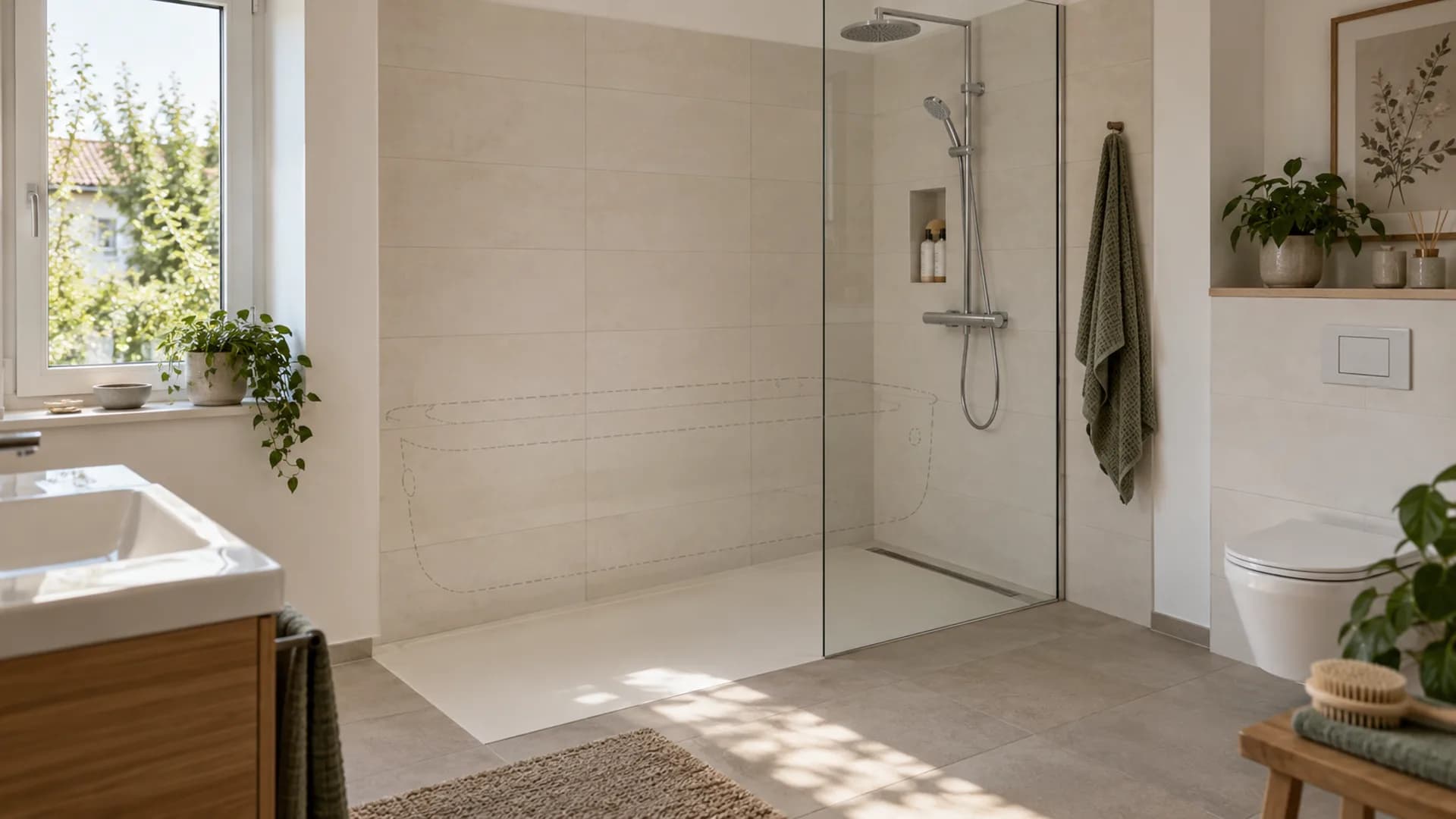 Dachgeschossbad mit Dusche, Badewanne und WC