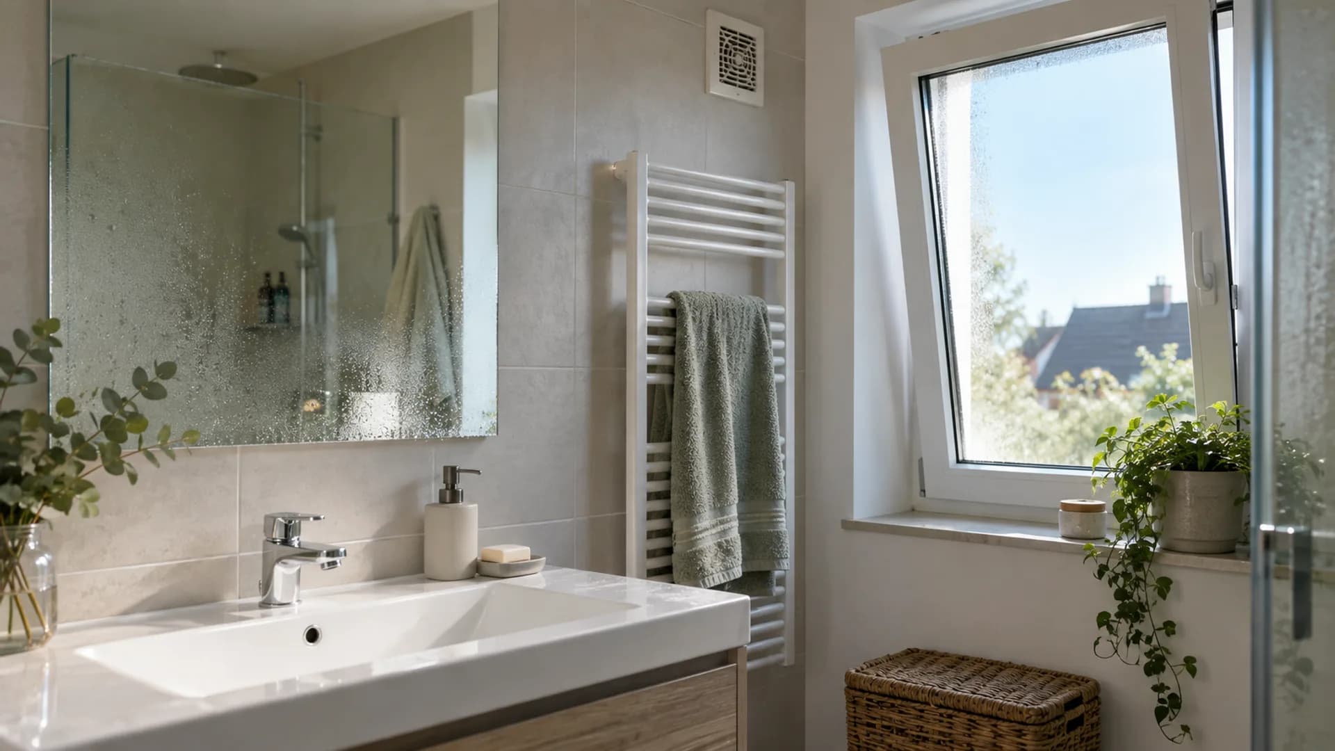 Dachgeschossbad mit Dusche, Badewanne und WC