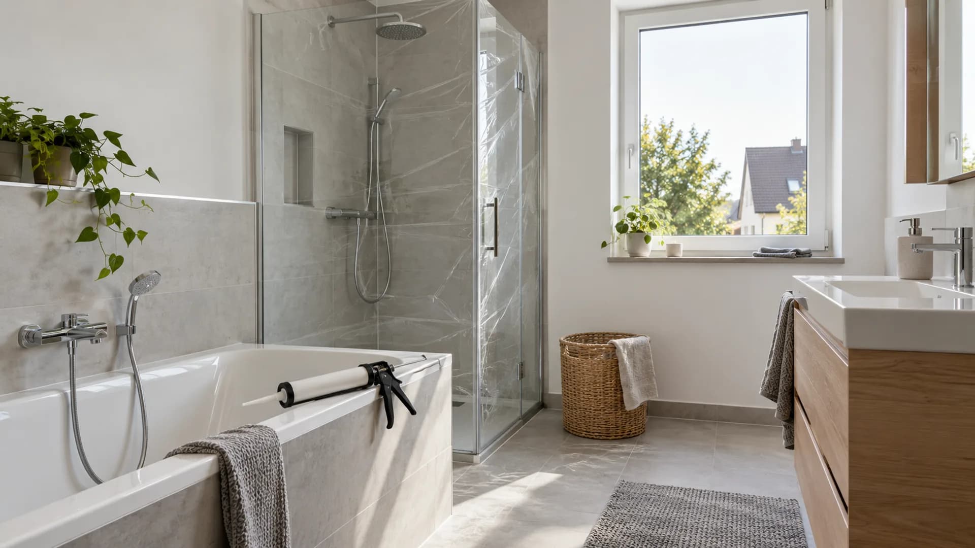 Dachgeschossbad mit Dusche, Badewanne und WC