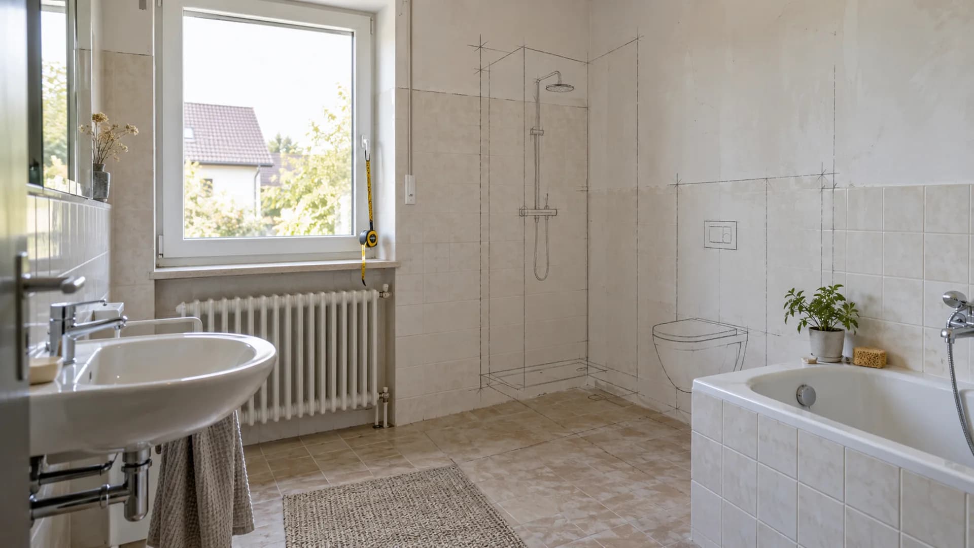 Dachgeschossbad mit Dusche, Badewanne und WC