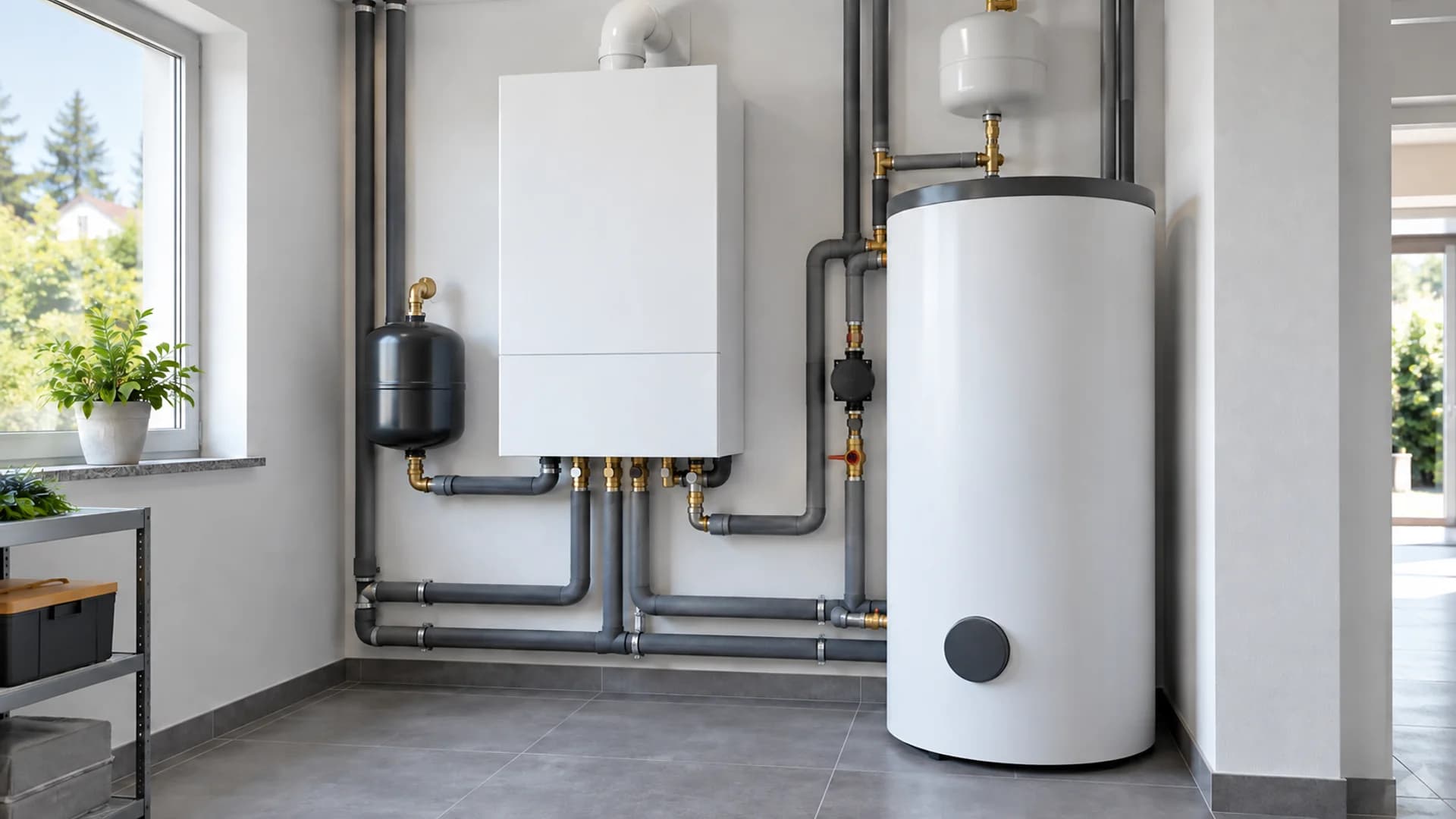 Moderne Luft-Wasser-Wärmepumpe im Außenbereich eines Wohnhauses