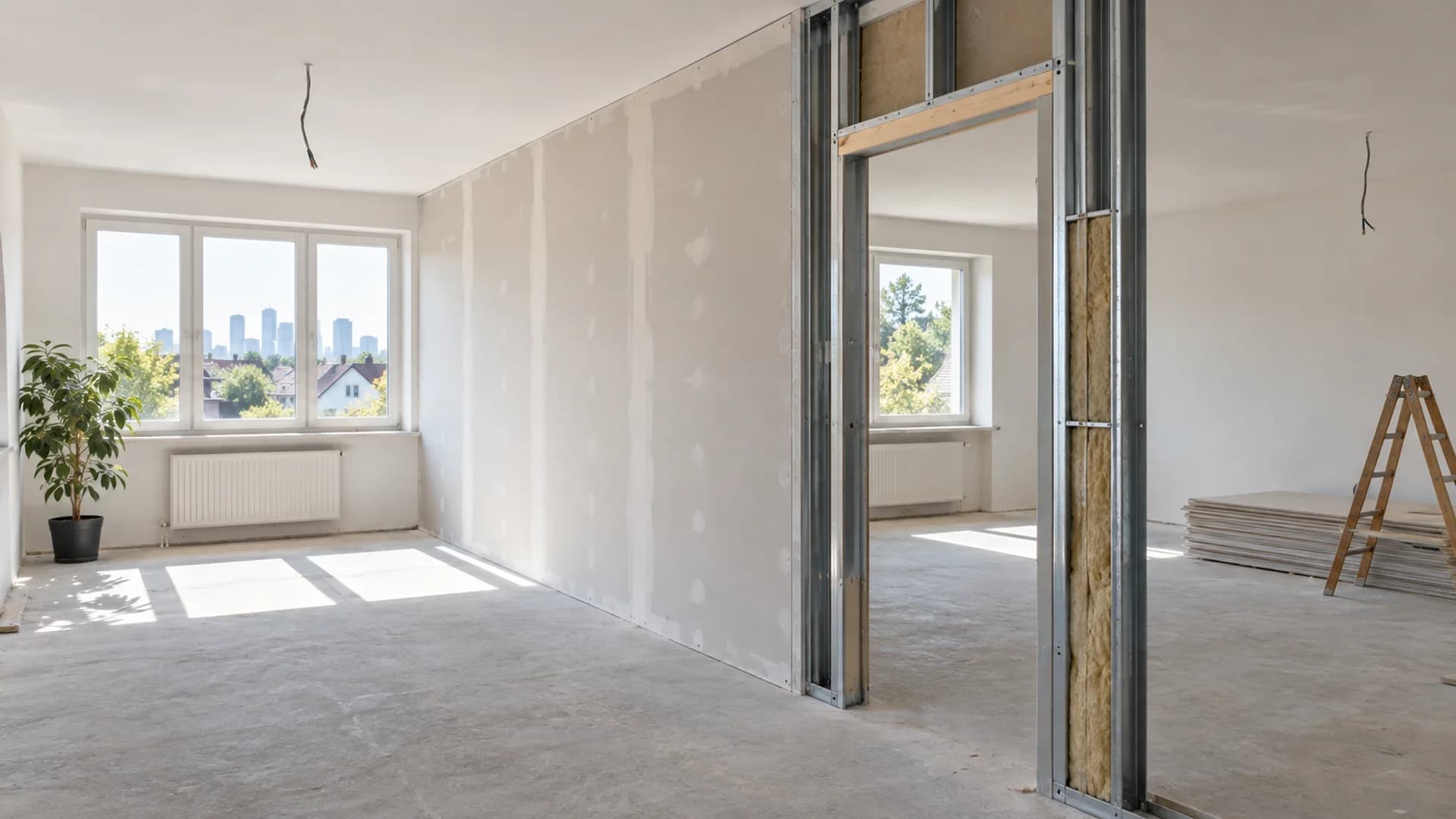 Raum mit Fenster im Rohzustand während des Innenausbaus