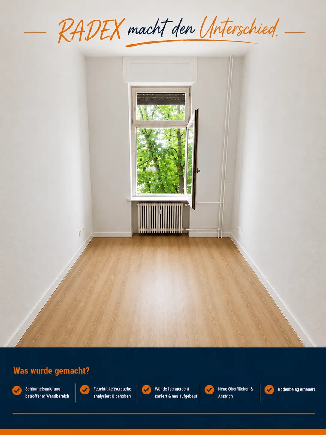 Raum mit Schimmelschaden an der Wand und derselbe Raum nach der Sanierung — nachher