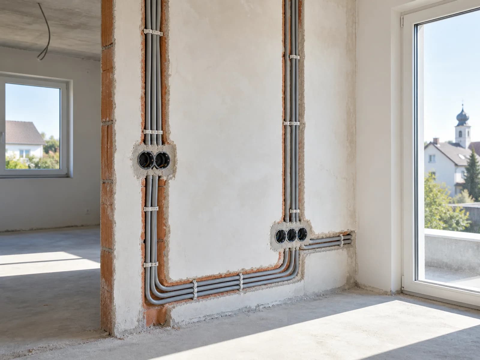 Moderne Elektroinstallation, Sicherungskasten, Netzwerktechnik und Beleuchtung