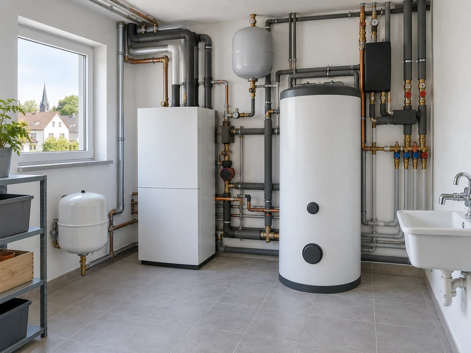 Moderner Technikraum mit hochwertiger SHK-Installation, saubere Leitungsführung, Premium-Eindruck