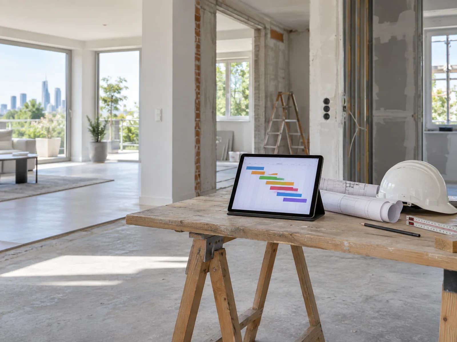 Tablet mit Bauzeitenplan-Grafik und Bauplänen auf einer aufgeräumten Baustelle