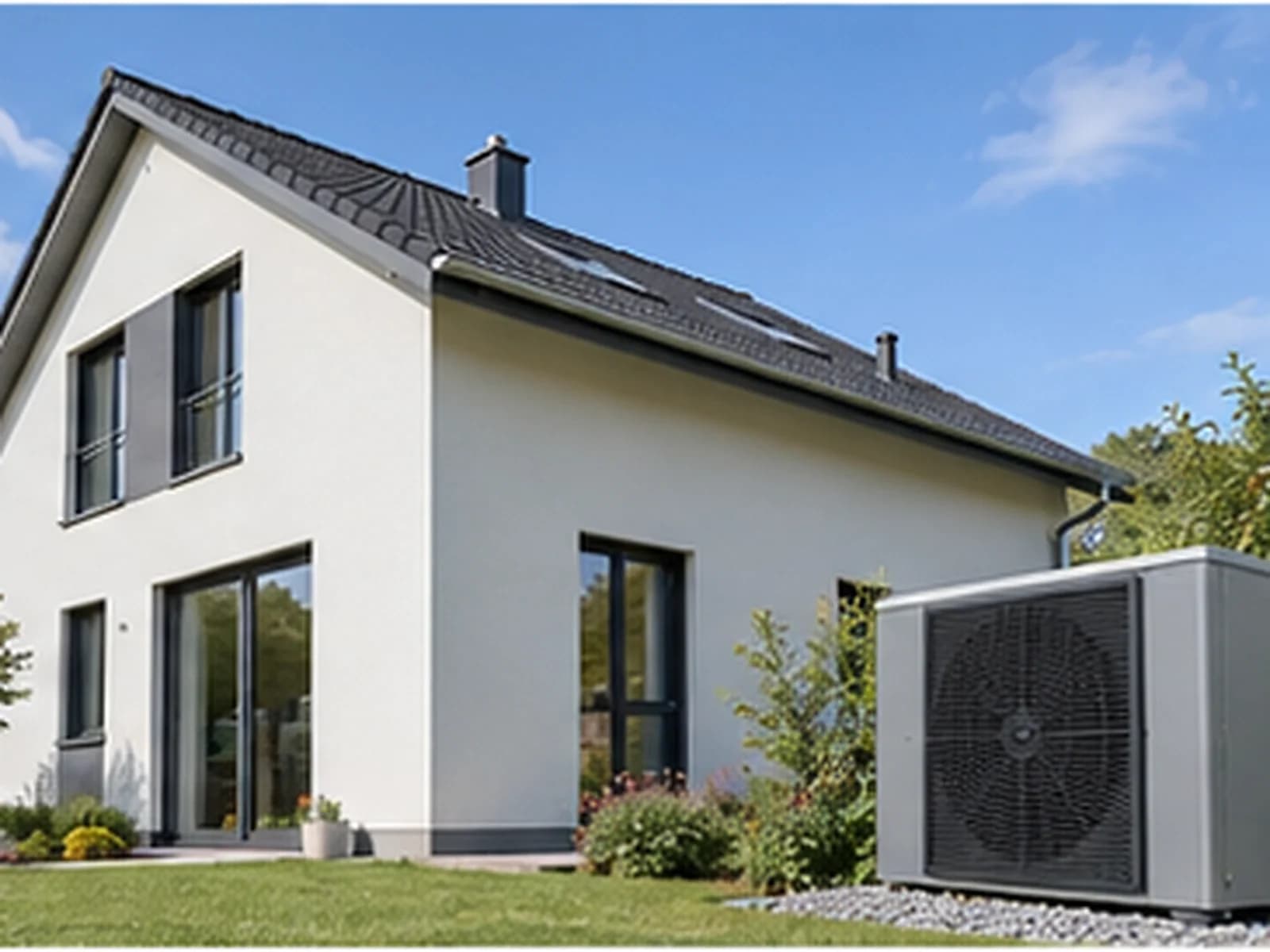 Einfamilienhaus mit neuer Dämmfassade und Wärmepumpe im Garten