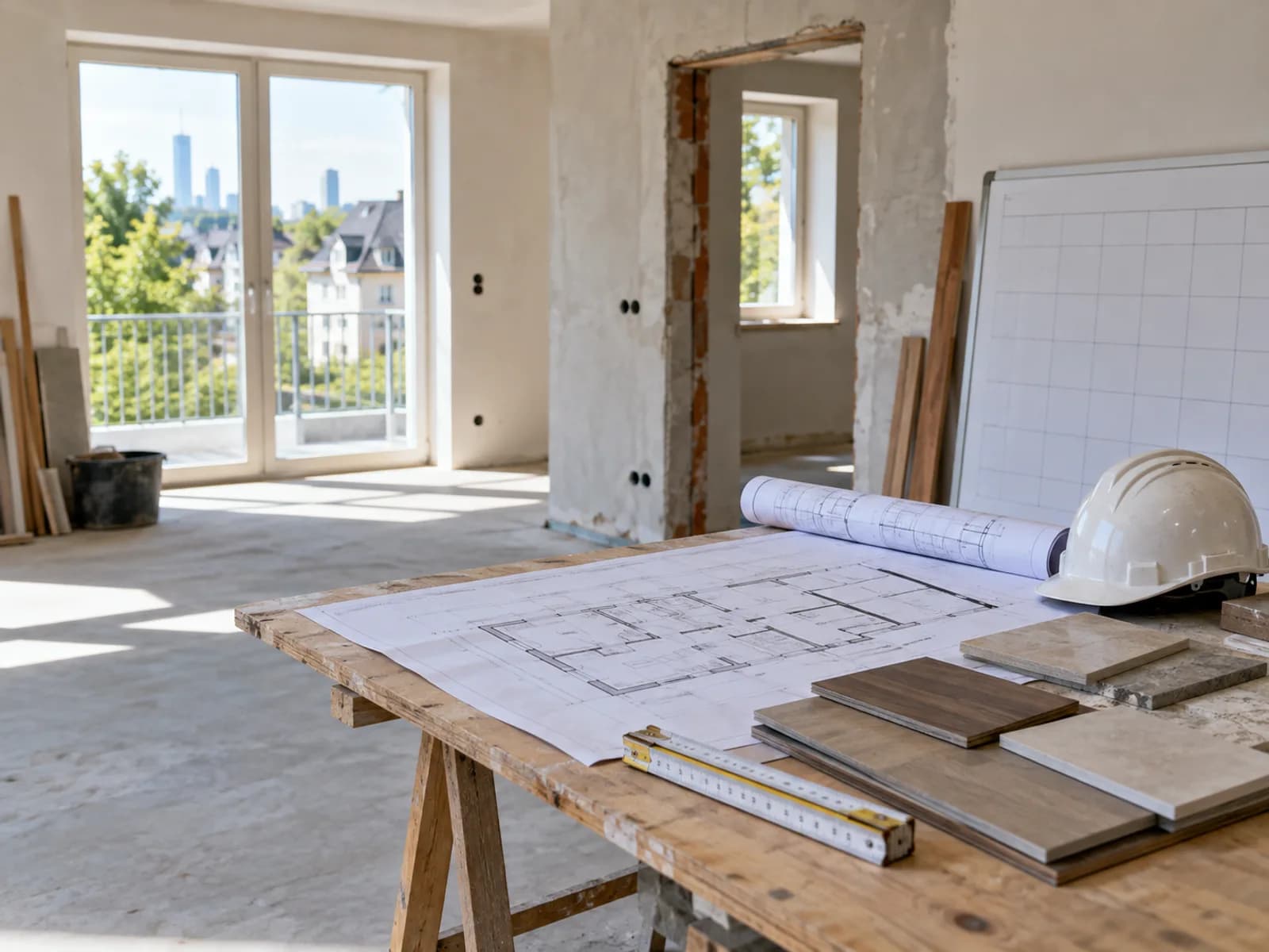 Baustellenbesprechungstisch mit Plänen, Terminplan und Materialmustern