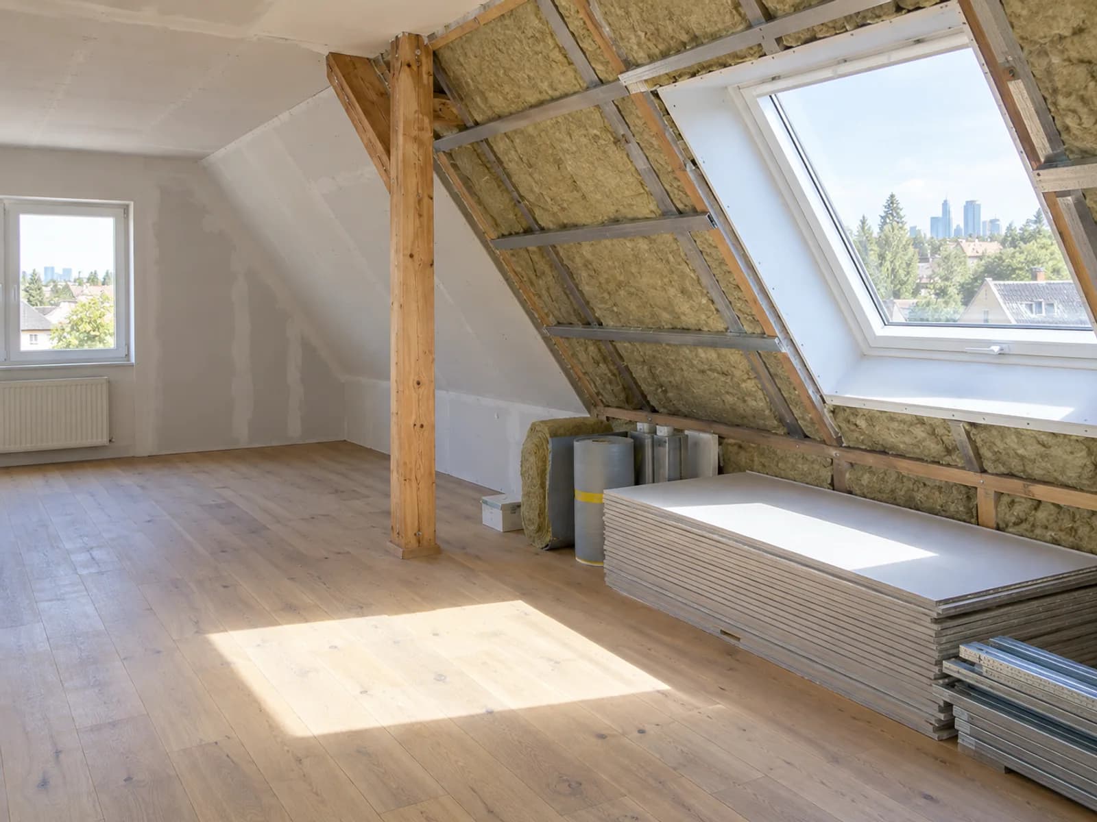Dachgeschoss eines Hauses im Ausbau mit Dämmung und Trockenbau