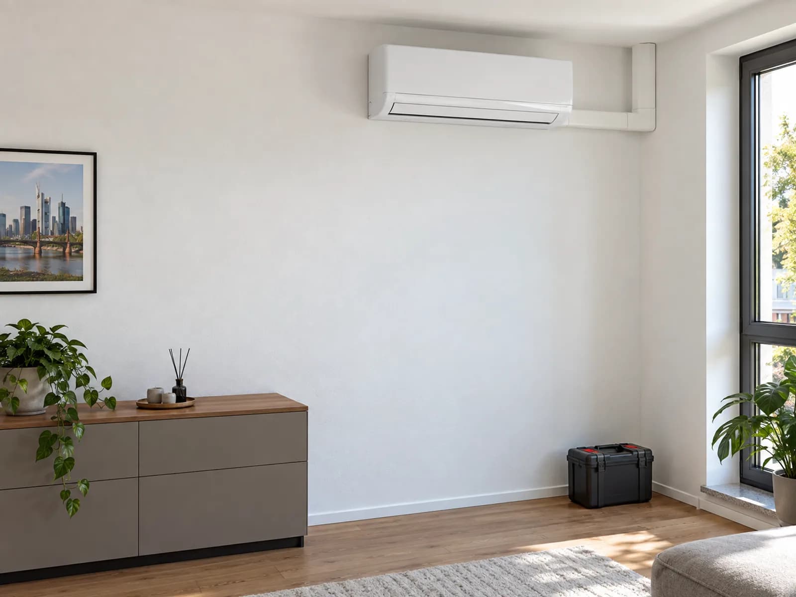 Frisch montiertes Wandklimagerät mit sauber verkleideter Leitungsführung