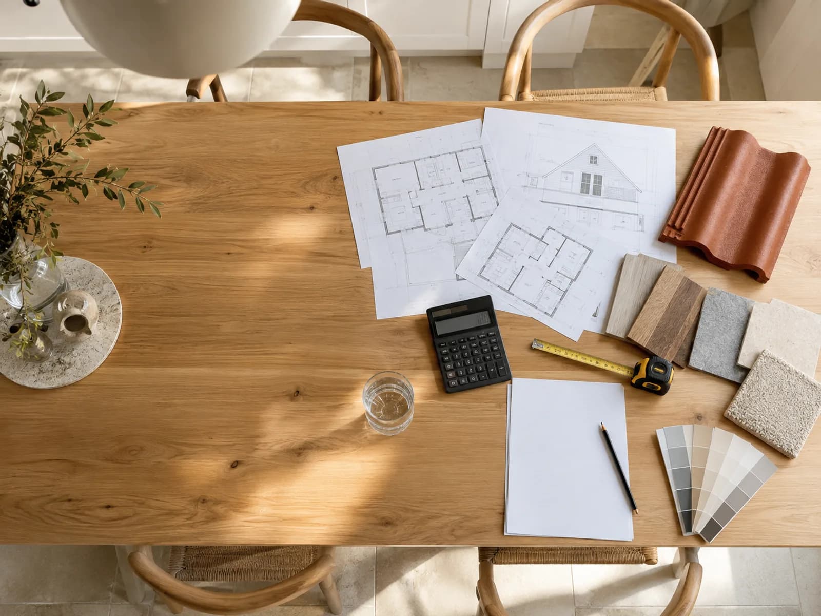 Hausgrundriss mit Taschenrechner, Maßband und Materialmustern auf einem Tisch