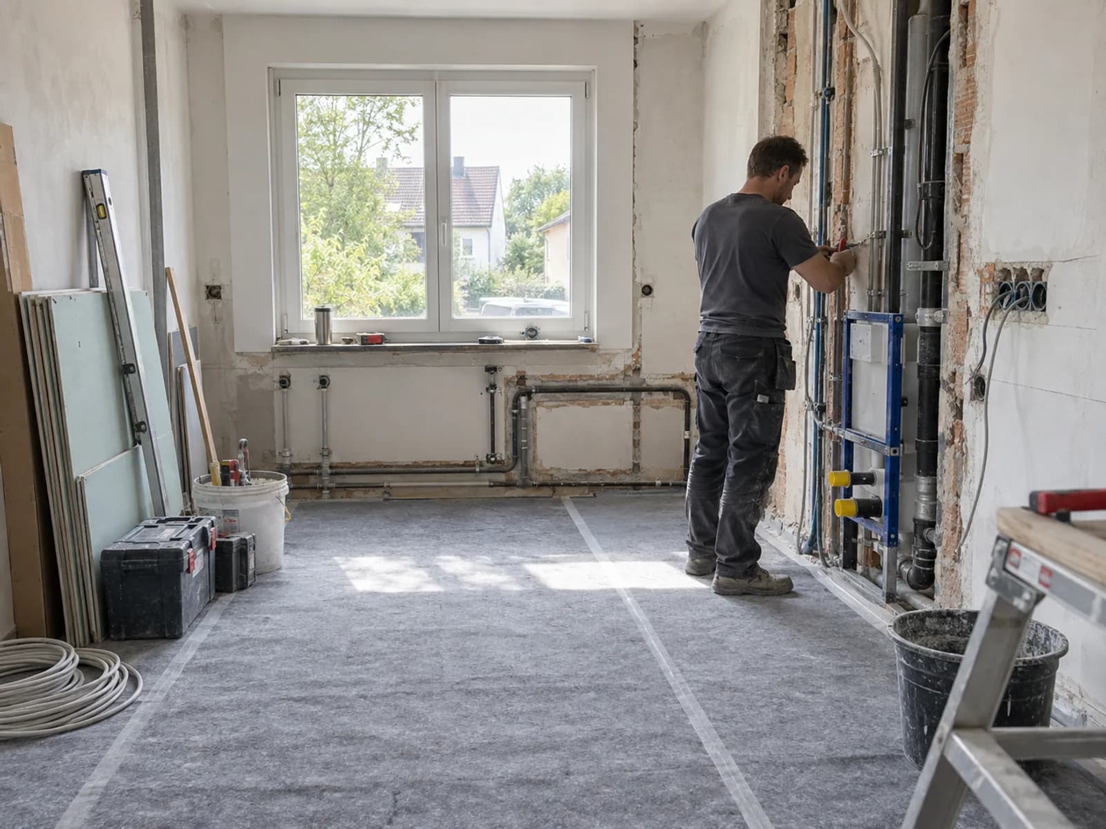 Sanierungsarbeiten in einem Wohngebäude mit geöffneten Installationsbereichen und Handwerkern
