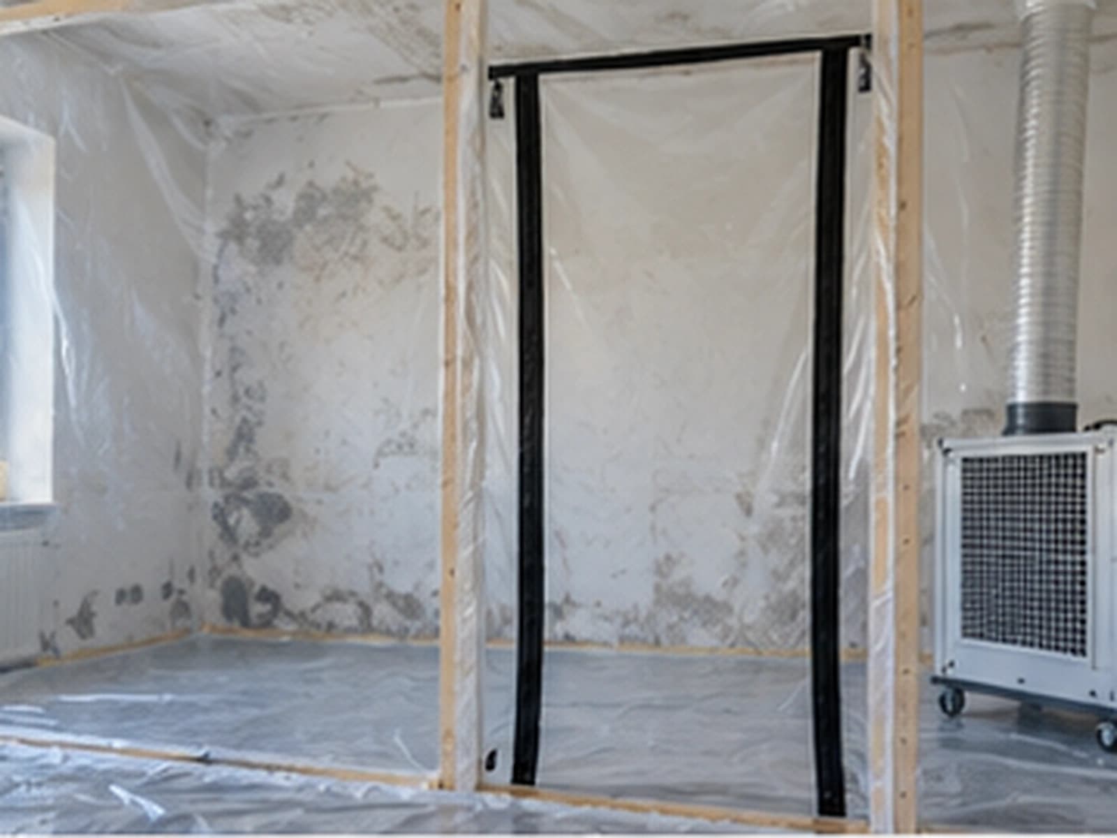 Abgesperrter Sanierungsbereich mit Folienwand und Luftreiniger